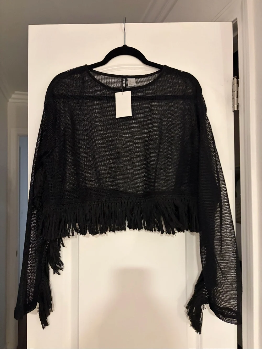 H&M Black Sheer Cropped Fringe Knit Top NWT